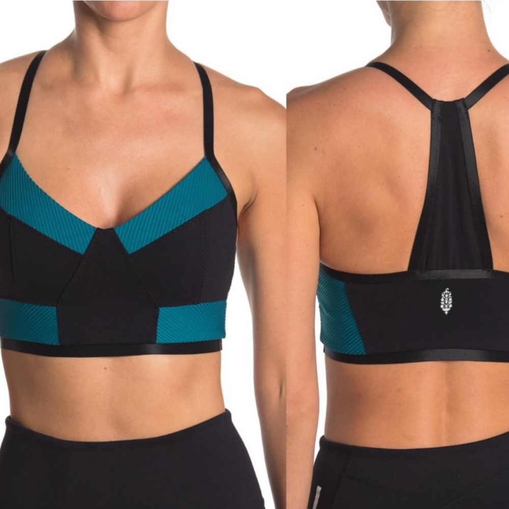 FREE PEOPLE FP Movement Ticket Paradise Sports Bra Top Black/Blue Peacock XS NWT